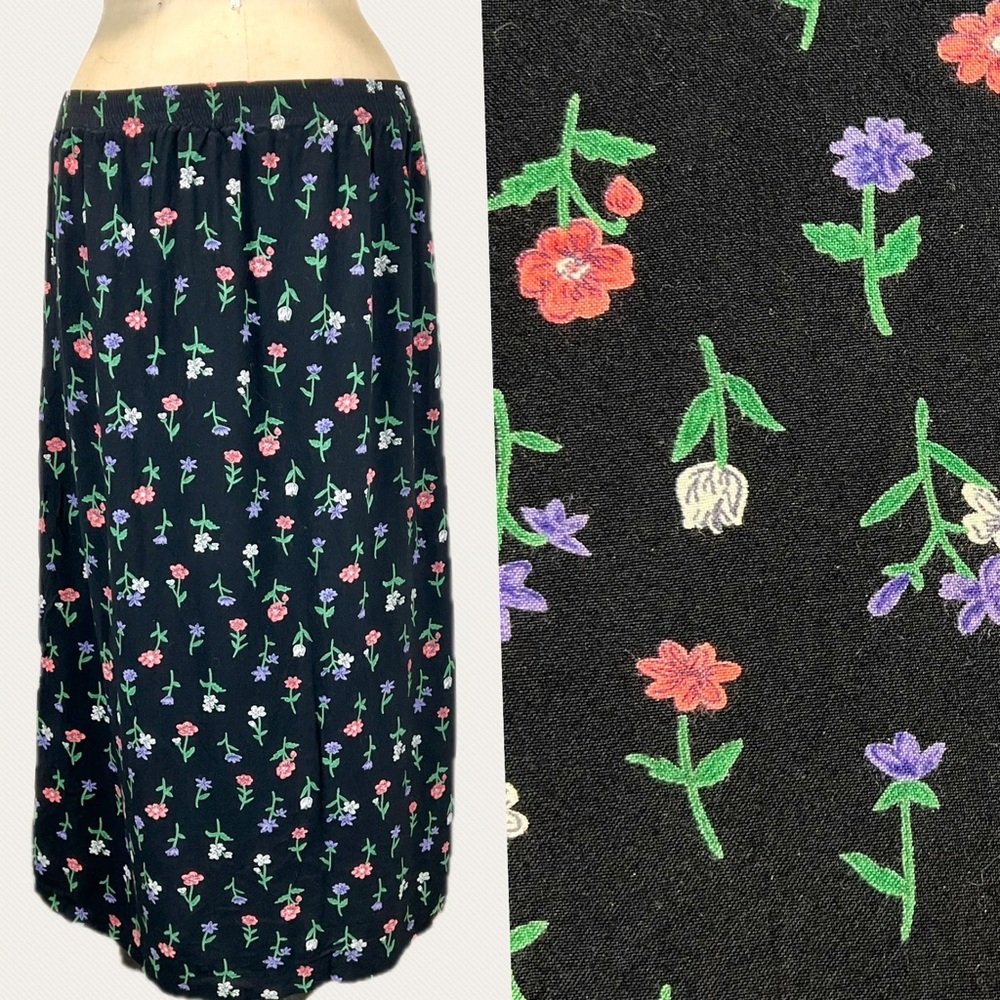 VINTAGE 90s flower garden daisy tulip skirt midi maxi elastic waist dark cottage